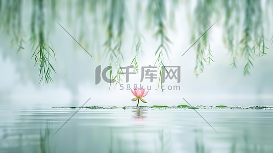 柳枝湖面粉红色莲花插画图片