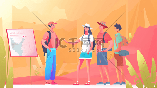 彩色绘画夏天户外旅行徒步的插画