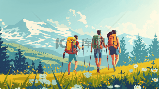 绘画登山人员徒步旅行登山的插画