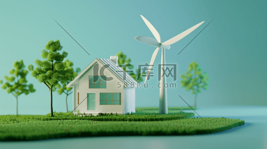 绿色户外房屋树木风车的插画