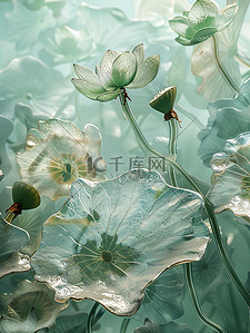 荷叶荷塘玻璃纹理花朵插画图片
