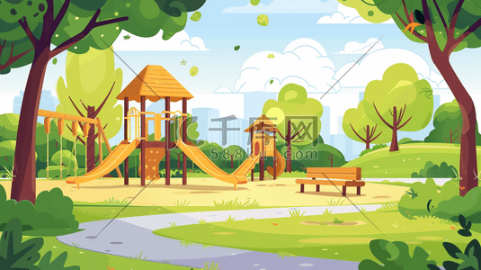 夏季乐园插画图片_森林公园里的儿童游乐设施插画