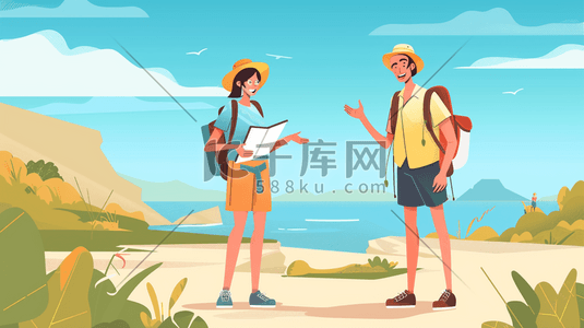 彩色绘画夏天户外旅行徒步的插画