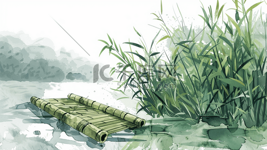 湖面上的竹筏插画