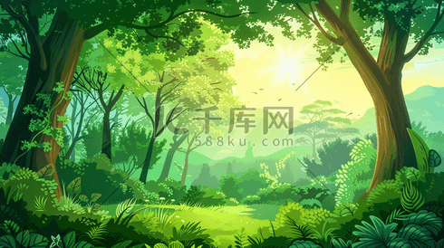 夏季翠绿的森林草地插画