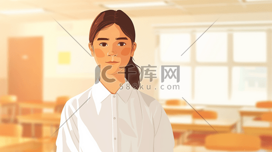 女夏上衣插画图片_绘画身穿白色上衣女孩室内的插画