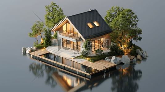 自然唯美湖边风景房子灯光的插画