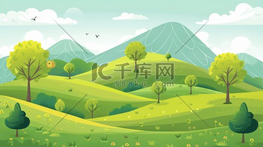 青青山坡上的树木插画