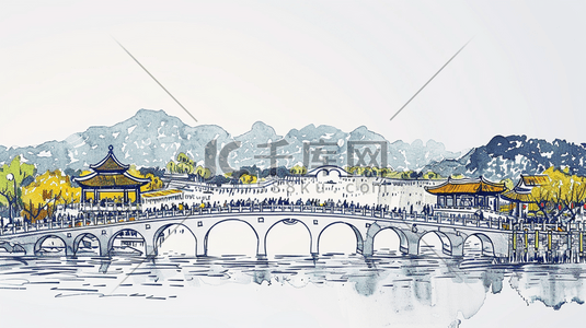 拱形桥手绘清新插画