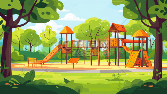 绿树的插画图片_森林公园里的儿童游乐设施插画