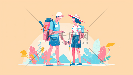 彩色绘画夏天户外旅行徒步的插画