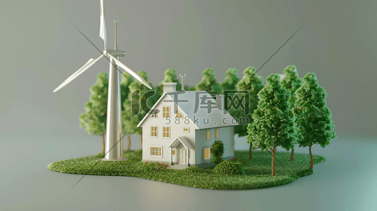精美的风车插画图片_绿色户外房屋树木风车的插画