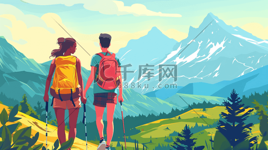 旅行景色插画图片_绘画登山人员徒步旅行登山的插画