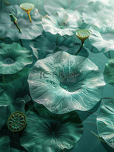 浅绿纸质纹理插画图片_荷叶荷塘玻璃纹理花朵插画设计