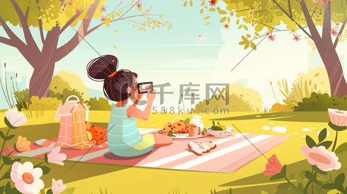 户外卡通绘画女孩森林春游野餐照相的插画