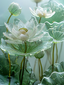 荷叶荷塘玻璃纹理花朵插画设计