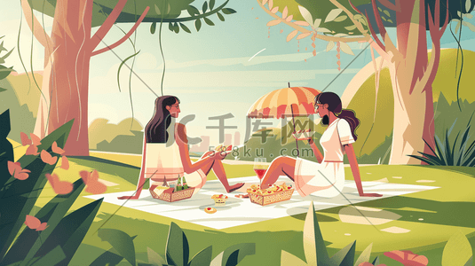 手绘绘画户外女子春游野餐的插画