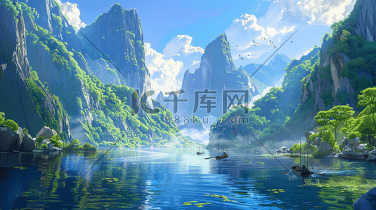 高山河流树木风景插画