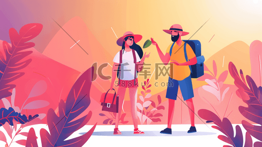 彩色绘画夏天户外旅行徒步的插画