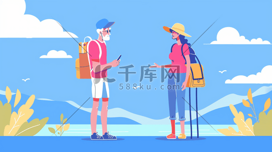 彩色绘画夏天户外旅行徒步的插画