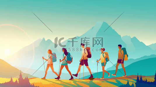 绘画登山人员徒步旅行登山的插画