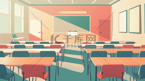 学校教师内黑板桌椅阳光照射的插画