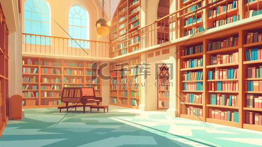 绘画图书室书籍书架的插画