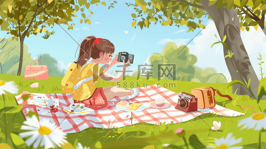 户外卡通绘画女孩森林春游野餐照相的插画