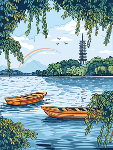 船只插画图片_湖泊里的船只风景插画