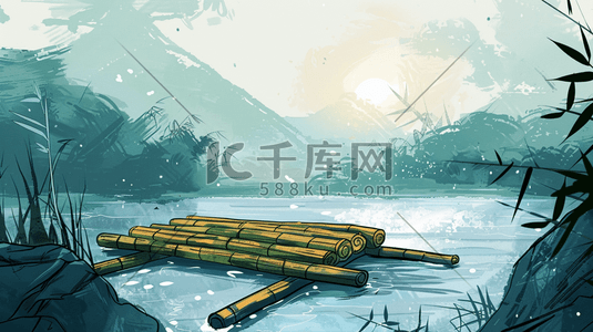 江河上一片竹筏插画