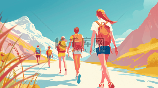 低帮徒步鞋插画图片_绘画登山人员徒步旅行登山的插画