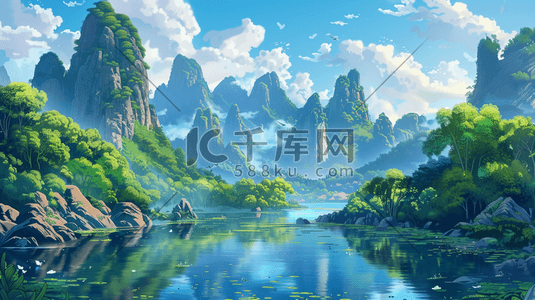 高山插画图片_高山河流树木风景插画