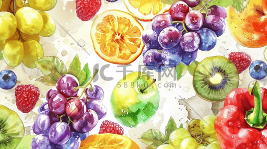 新鲜果蔬肉插画图片_夏季综合新鲜水果水彩插画