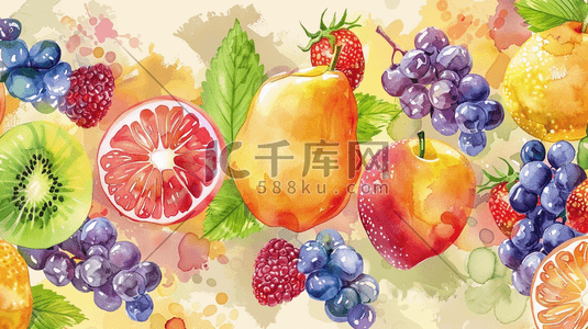 夏季综合新鲜水果水彩插画