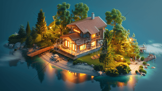 自然唯美湖边风景房子灯光的插画