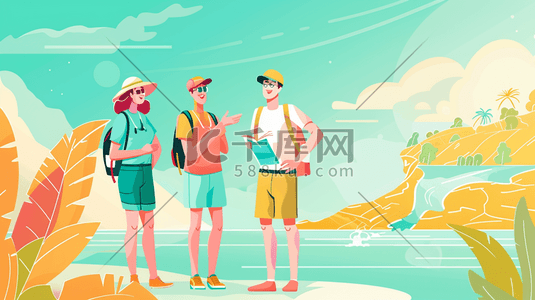 彩色旅行插画图片_彩色绘画夏天户外旅行徒步的插画