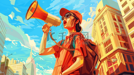 喇叭免抠插画图片_城市道路上青年手拿喇叭大喊的插画