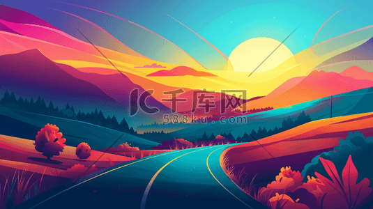 户外公路山景风景树木风光的插画