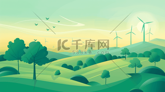 环保草坪插画图片_青青郊外山野草地上的大风车插画