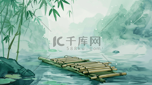 湖面上的竹筏插画