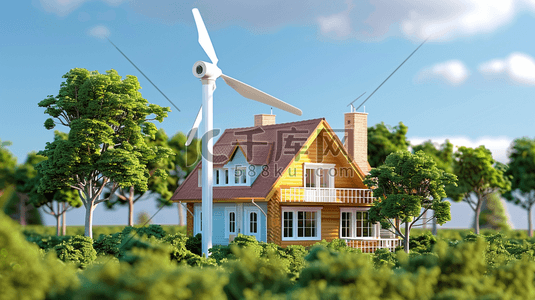 旋转的风车插画图片_绿色户外房屋树木风车的插画