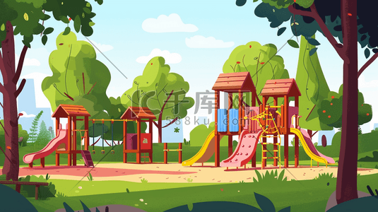 夏季乐园插画图片_森林公园里的儿童游乐设施插画