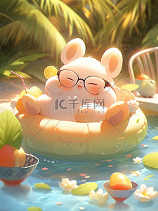 夏天泳池可爱小兔子插画