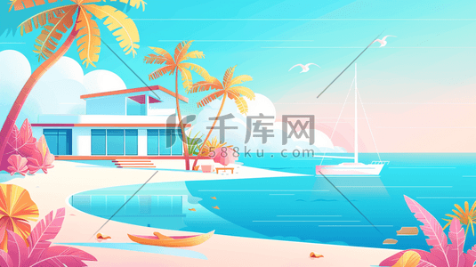 彩色绘画海边海水沙滩躺椅树木的插画