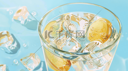 场景插画图片_蓝色场景玻璃杯冰块柠檬的插画