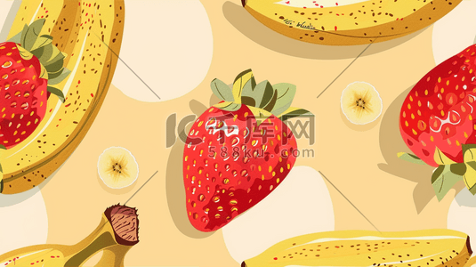 两只猴子吃香蕉插画图片_平面平铺水果草莓香蕉的插画