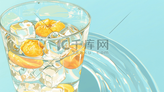 蓝色场景玻璃杯冰块柠檬的插画