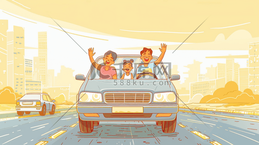 国庆全家出行插画图片_手绘绘画汽车上一家人出行的插画