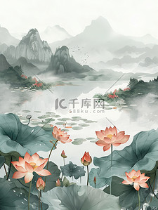 中国风荷花简约插画图片_荷花禅宗简约中国风插画