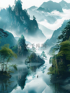 手绘中国风山景活动邀请函插画图片_水墨画宁静清晨湖泊山景插画设计